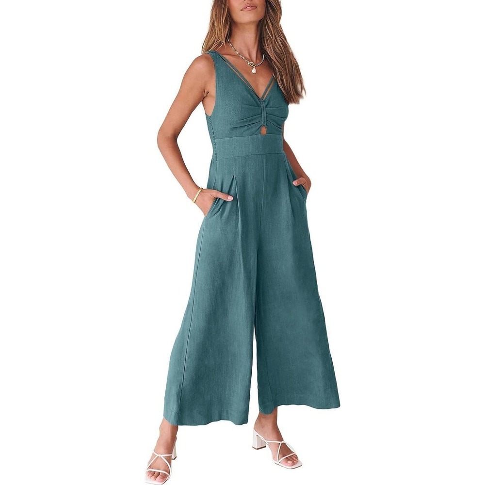 ANRABESS Womens XL Blue green Rayon Linen Wide Leg Cut Out Jumpsuit Smocked Back